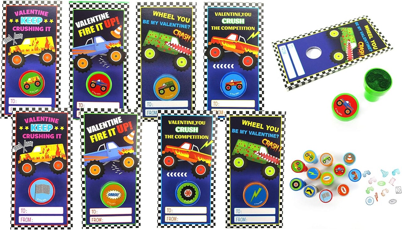 Tiny Mills 36 PACK Monster Truck Cards with Monster Truck Stampers for Valentine's Day Classroom Exchange Favor Prizes